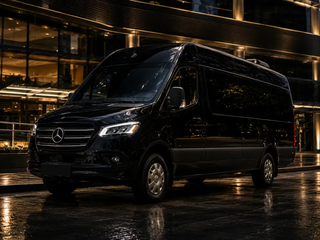 Black Mercedes-Benz Jet Sprinter luxury van parked outside a modern building at night
