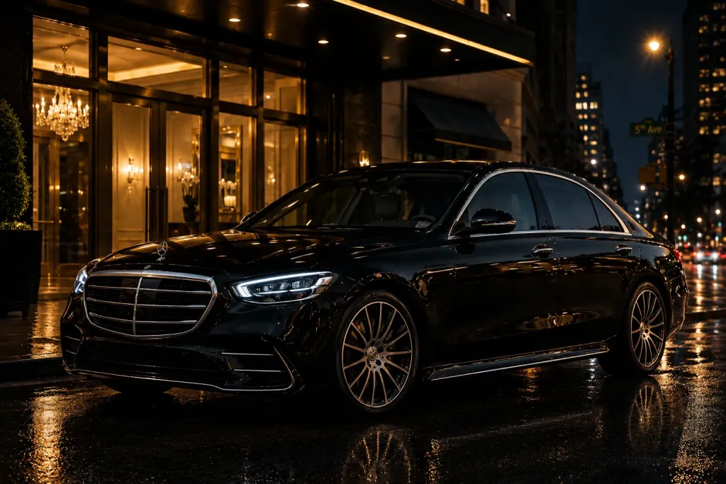 Black Mercedes-Benz S580 chauffeur sedan parked outside a luxury hotel entrance at night