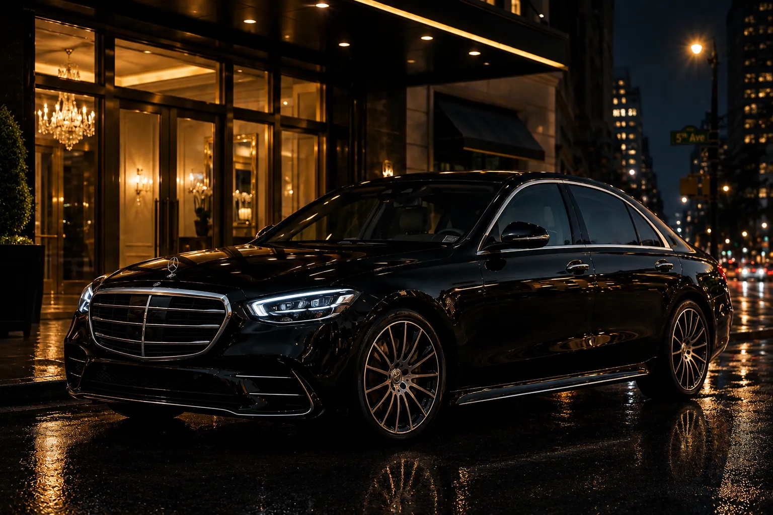 Black Mercedes-Benz S580 chauffeur sedan parked outside a luxury hotel entrance at night