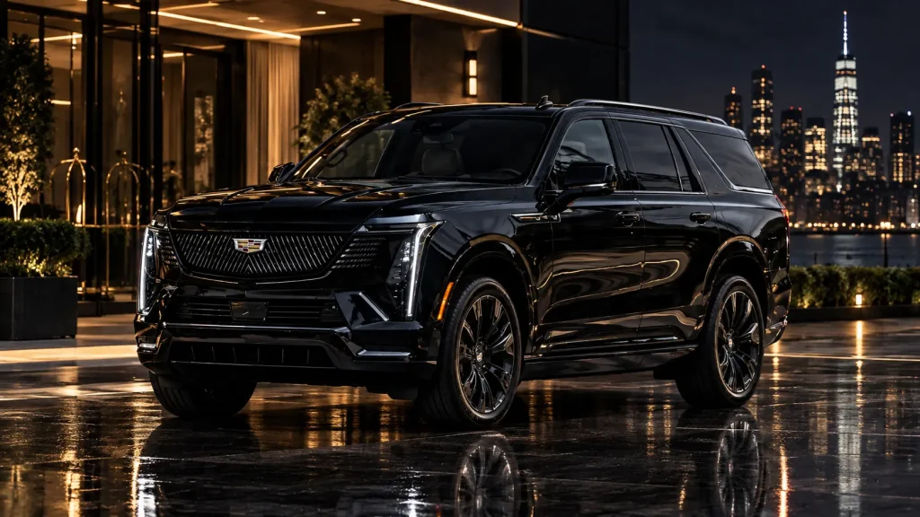 Black Cadillac Escalade luxury SUV parked on rain wet stone outside a lit hotel entrance, with the Lower Manhattan skyline and One World Trade Center across the water at night