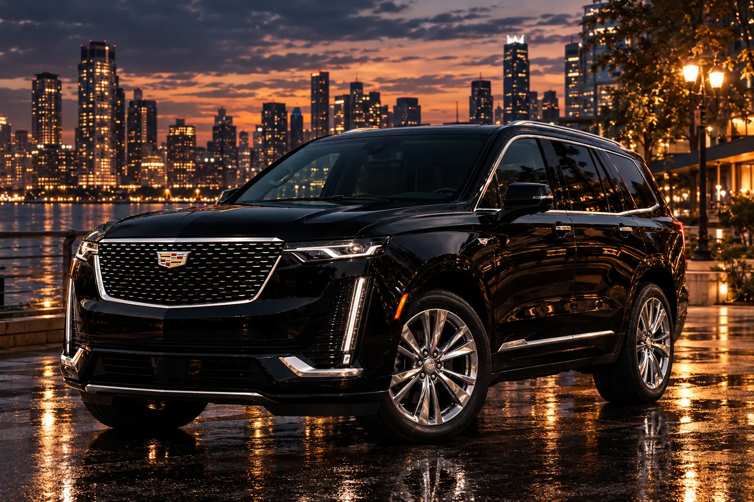 Black Cadillac XT6 parked on a rain wet waterfront promenade with the city skyline lit up at dusk