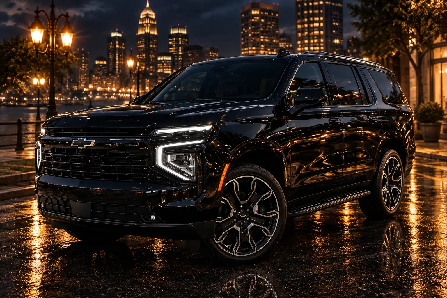 Black Chevrolet Suburban SUV parked on a rain wet waterfront promenade with the New York City skyline lit up at night